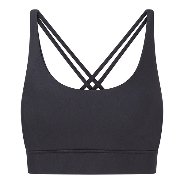 Supportive and functional our Sports Bra features:  Adjustable straps and removable pads for personal fit and comfort.  Fourway stretch and sweat wicking fabric.  Each bra has been made from 5 recycled plastic bottles in a certified factory.