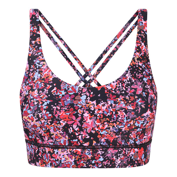 Supportive and functional our Sports Bra features:  Adjustable straps and removable pads for personal fit and comfort.  Fourway stretch and sweat wicking fabric.  Each bra has been made from 5 recycled plastic bottles in a certified factory.